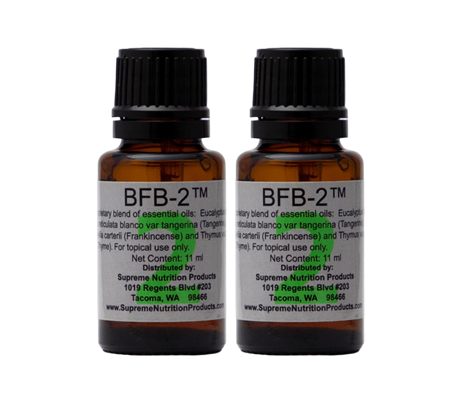Supreme Nutrition BFB-2 essential oil blend bottle ready for diffuser use and refreshing ambience.