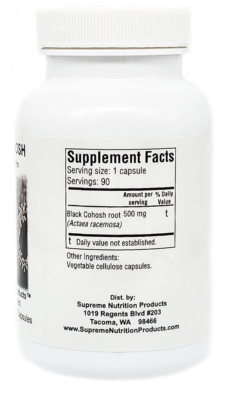 Label close-up on Supreme Nutrition Black Cohosh Supreme highlighting purity and absence of fillers