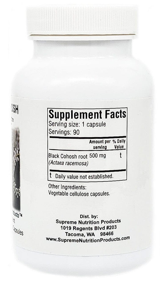 Label close-up on Supreme Nutrition Black Cohosh Supreme highlighting purity and absence of fillers