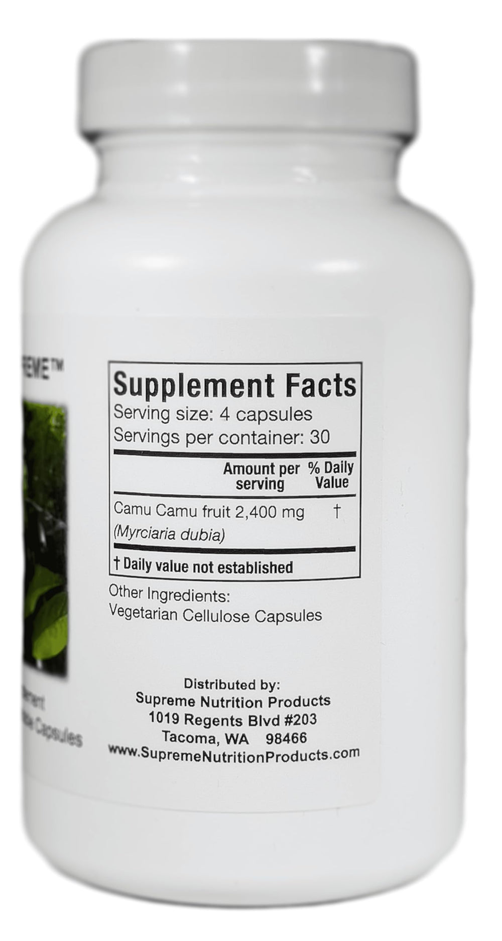Close-up of Camu Supreme capsules highlighting pure, filler-free formula