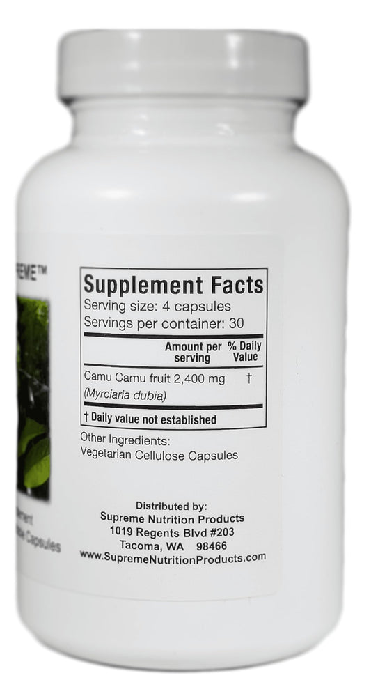 Close-up of Camu Supreme capsules highlighting pure, filler-free formula