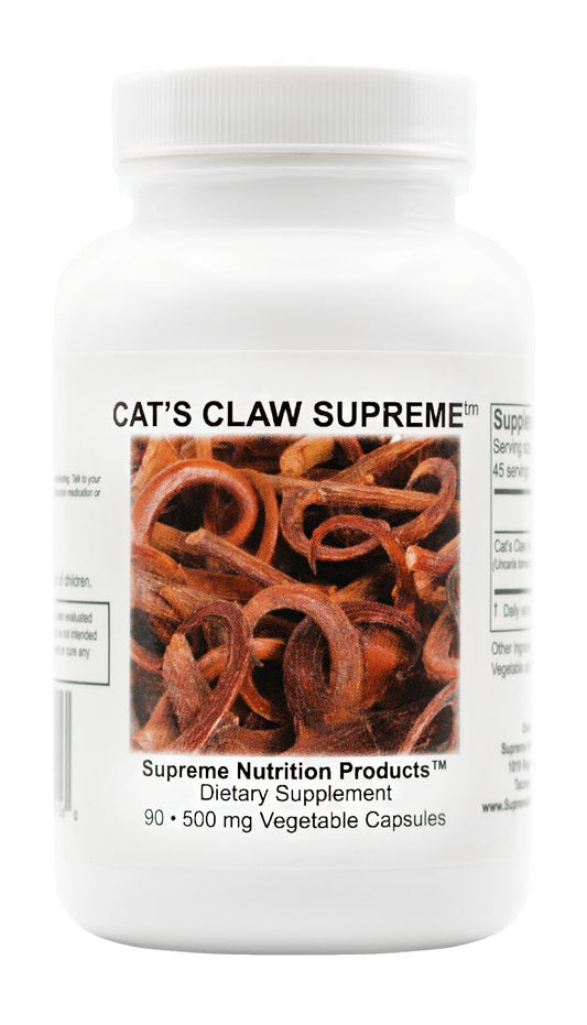 Supreme Nutrition Cat's Claw Supreme bottle front with pure capsules for daily wellness.