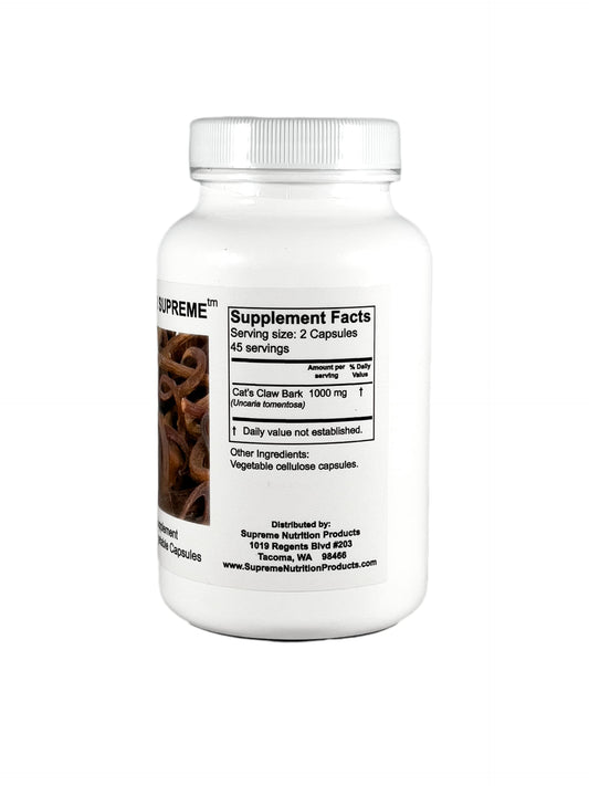 Close-up of capsules highlighting 100% pure cat's claw bark and no fillers.