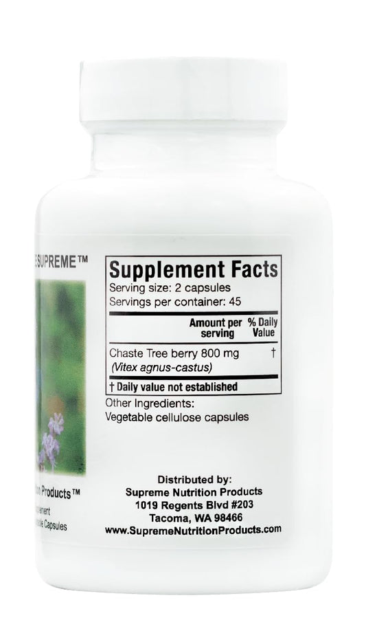 Supreme Nutrition Chaste Tree Supreme bottle label—clear quality and ingredient highlights.