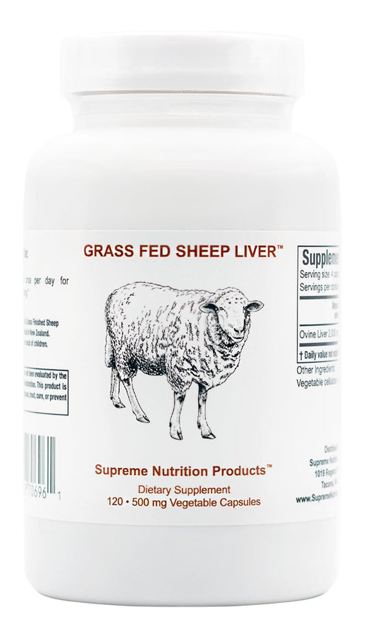 Supreme Nutrition front packaging showing 120 sheep liver capsules and clear labeling benefit clarity