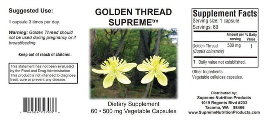 Close-up of Golden Thread Supreme capsules showing pure Coptis chinensis content for daily use.