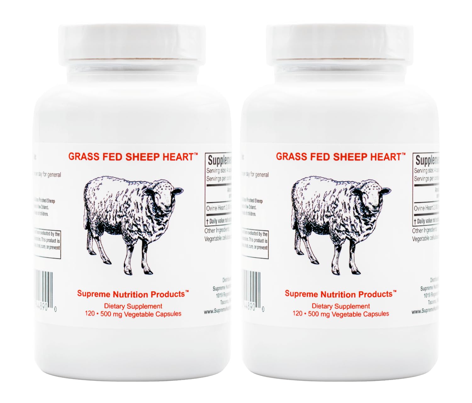 Supreme Nutrition grass-fed sheep heart bottle front view with easy-to-swallow capsules