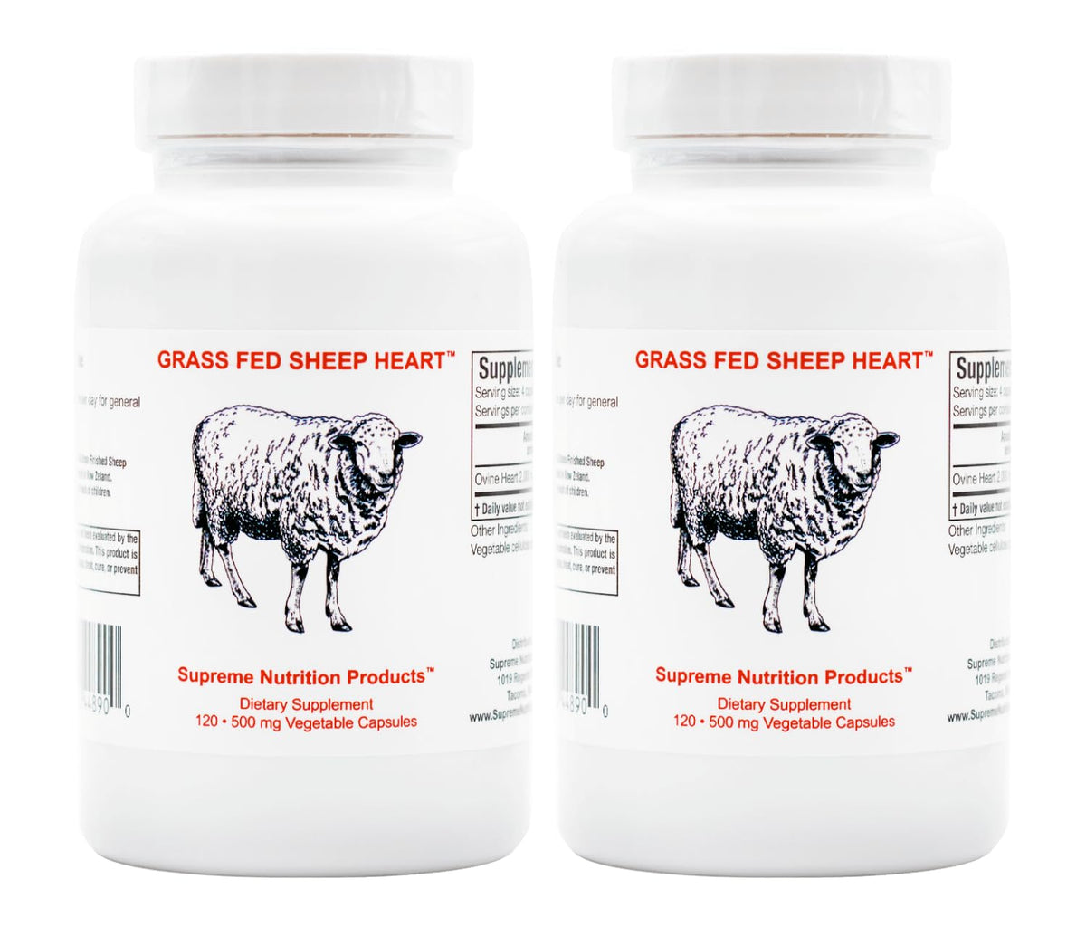Supreme Nutrition grass-fed sheep heart bottle front view with easy-to-swallow capsules