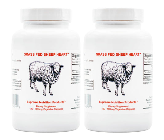Supreme Nutrition grass-fed sheep heart bottle front view with easy-to-swallow capsules