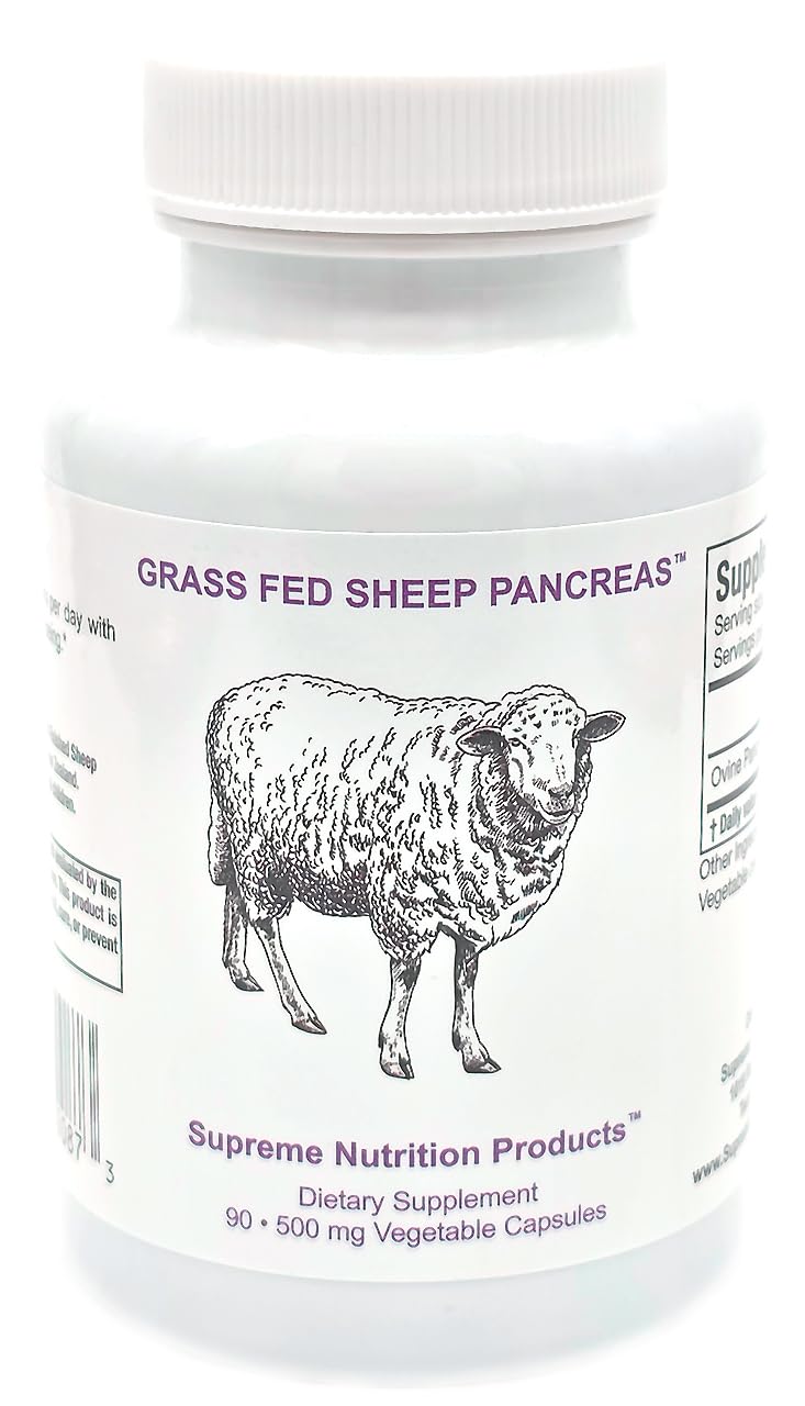 Supreme Nutrition grass-fed sheep pancreas bottle highlighting purity for daily wellness