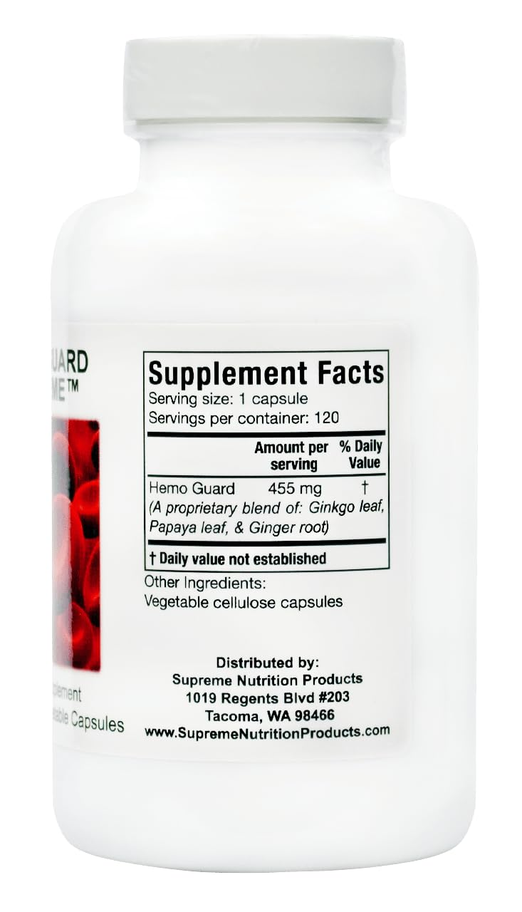 Supreme Nutrition Hemo Guard Supreme bottle label highlighting pure herbal ingredients