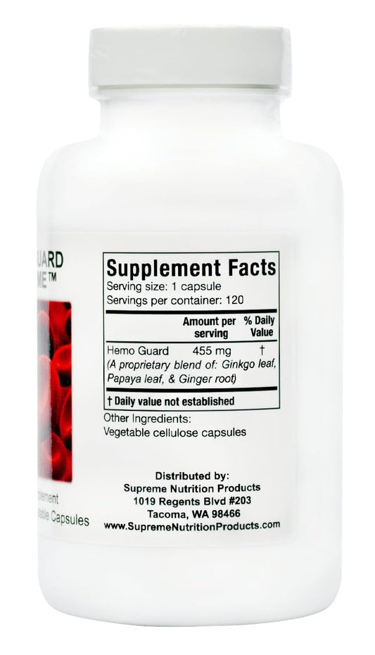 Supreme Nutrition Hemo Guard Supreme bottle label highlighting pure herbal ingredients