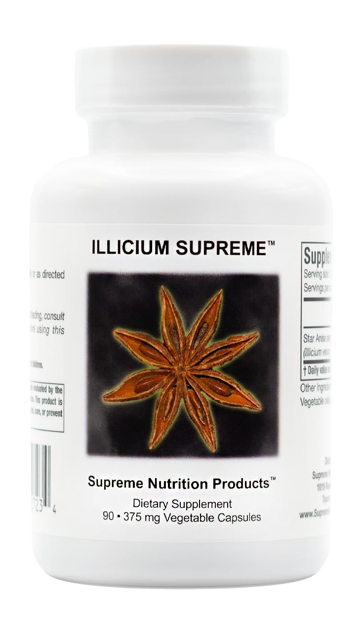 Supreme Nutrition Illicium capsules front view for pure star anise supplement.