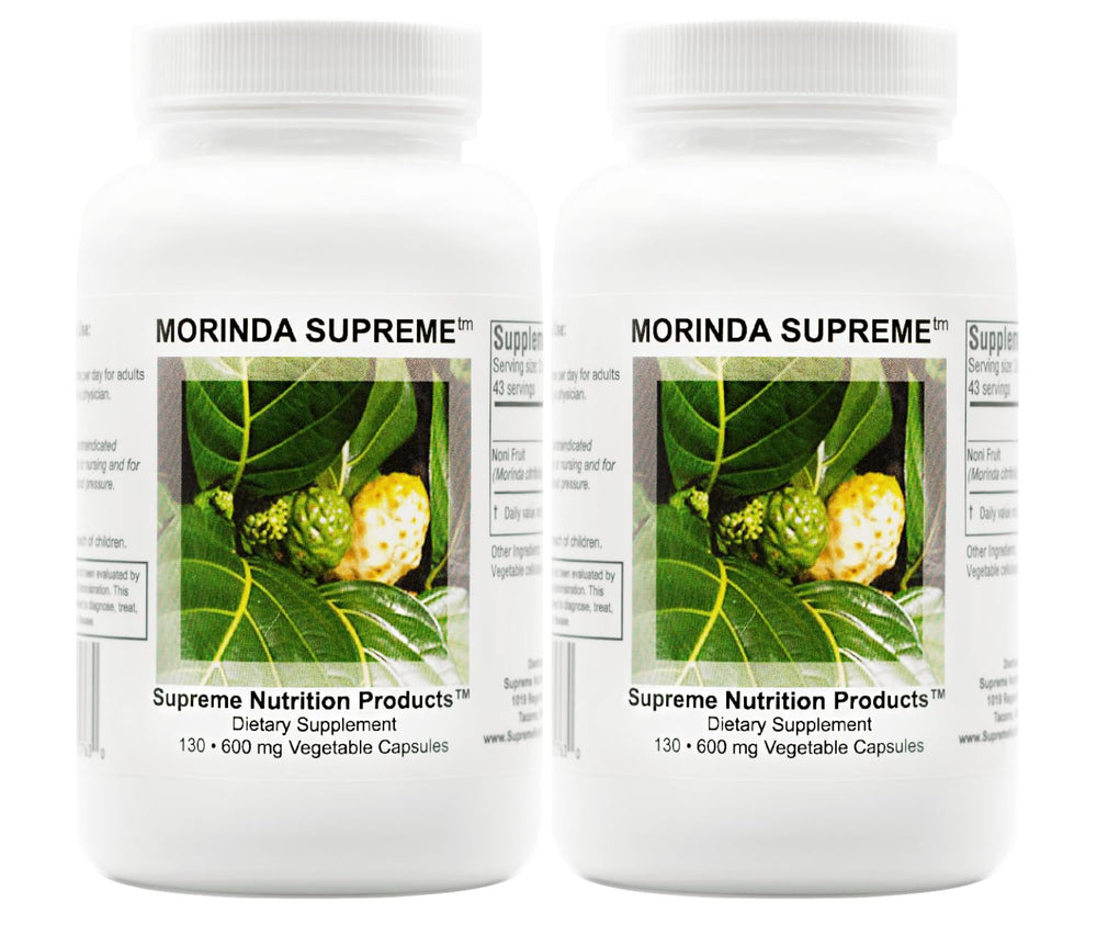 Supreme Nutrition Morinda Supreme bottle front with a 130-count capsule pack for daily wellness