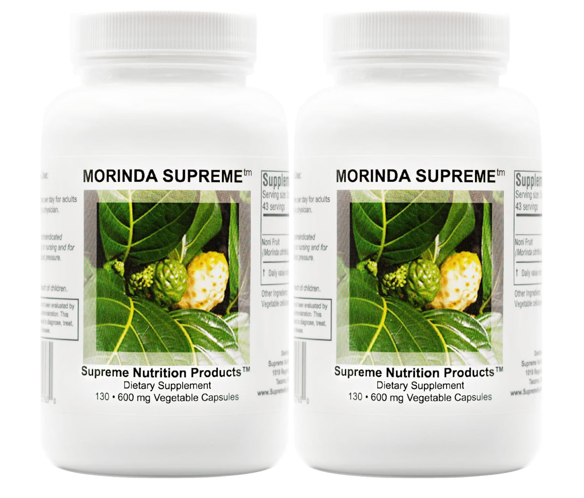 Supreme Nutrition Morinda Supreme bottle front with a 130-count capsule pack for daily wellness