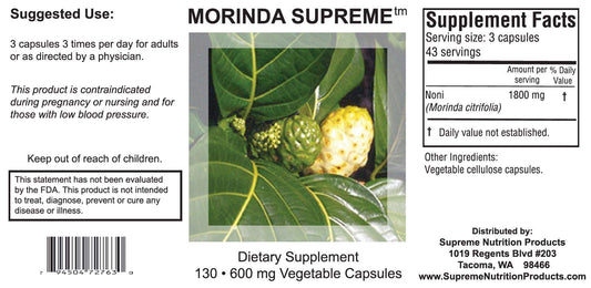 Supreme Nutrition Morinda Supreme bottle side view highlighting pure herb encapsulation for daily use