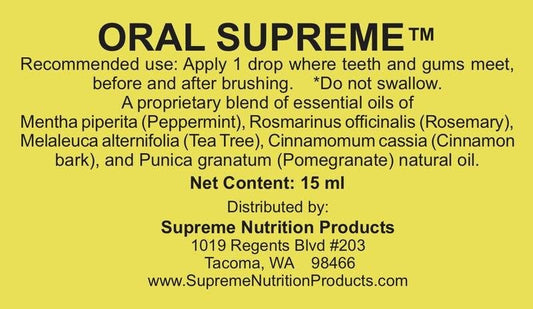 Supreme Nutrition Oral Supreme bottle cap closeup, highlighting pure oils for fresh breath.