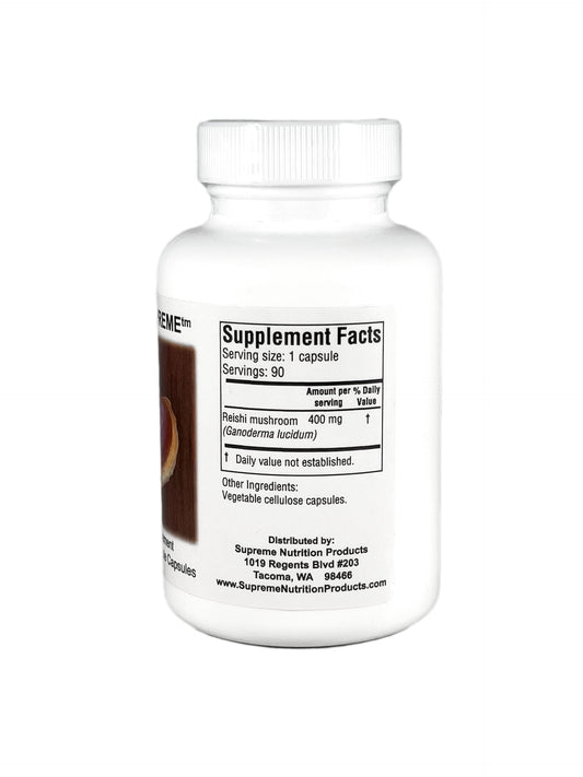 Supreme Nutrition Reishi Supreme bottle with label showing purity and vegan-friendly capsules.