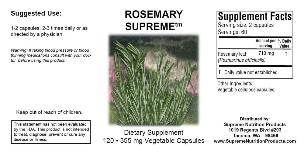 Close-up of Supreme Nutrition Rosemary Supreme vegetarian capsules