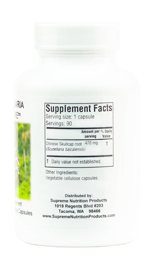 Supreme Nutrition Scutellaria Supreme capsules closeup highlighting vegetarian formulation