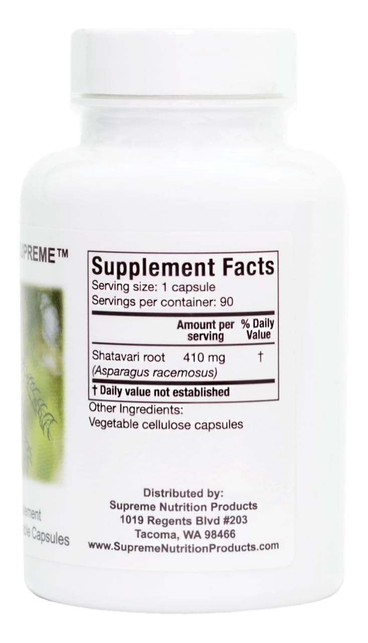 Supreme Nutrition Shatavari Supreme capsules closeup for holistic wellness.