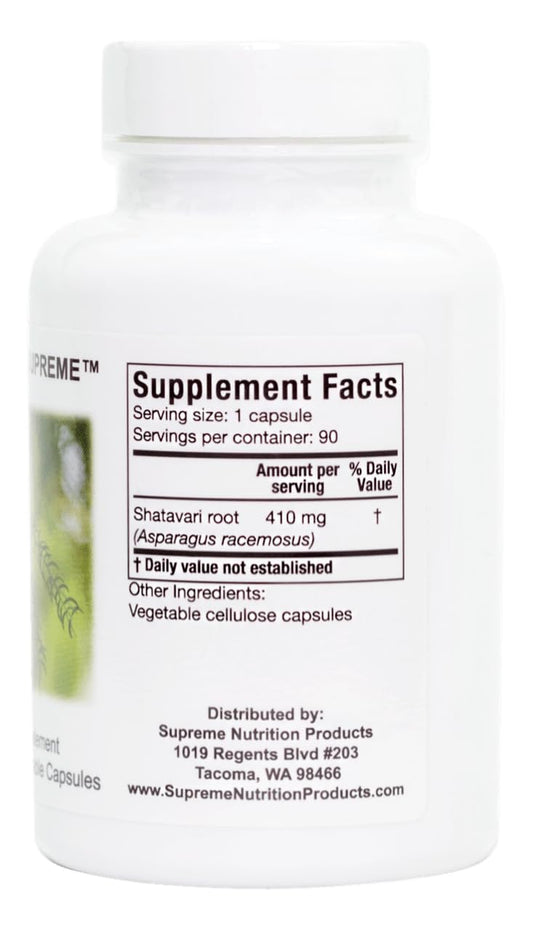 Supreme Nutrition Shatavari Supreme capsules closeup for holistic wellness.