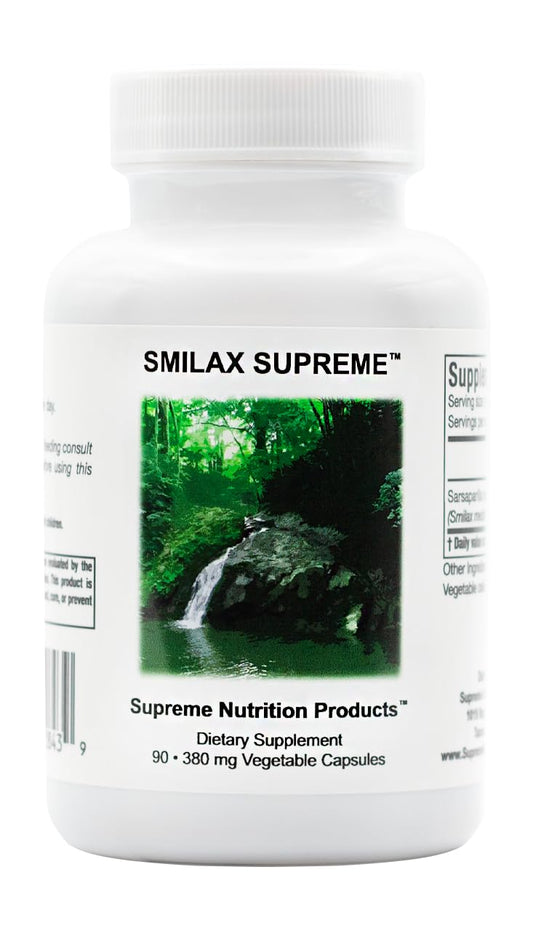 Supreme Nutrition Smilax Supreme bottle close-up showing pure sarsaparilla capsules for daily wellness.