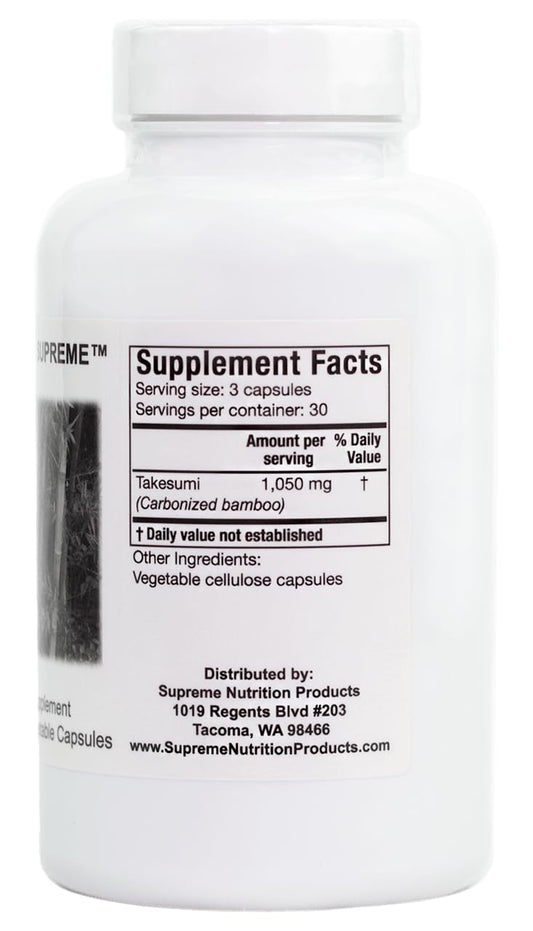 Supreme Nutrition Takesumi Supreme capsule closeup highlights pure bamboo charcoal in vegetarian capsules