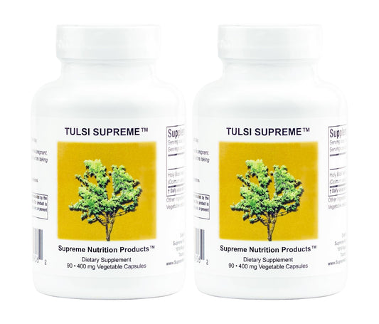 Supreme Nutrition Tulsi Supreme bottle with vegetarian capsules for daily wellness routine.