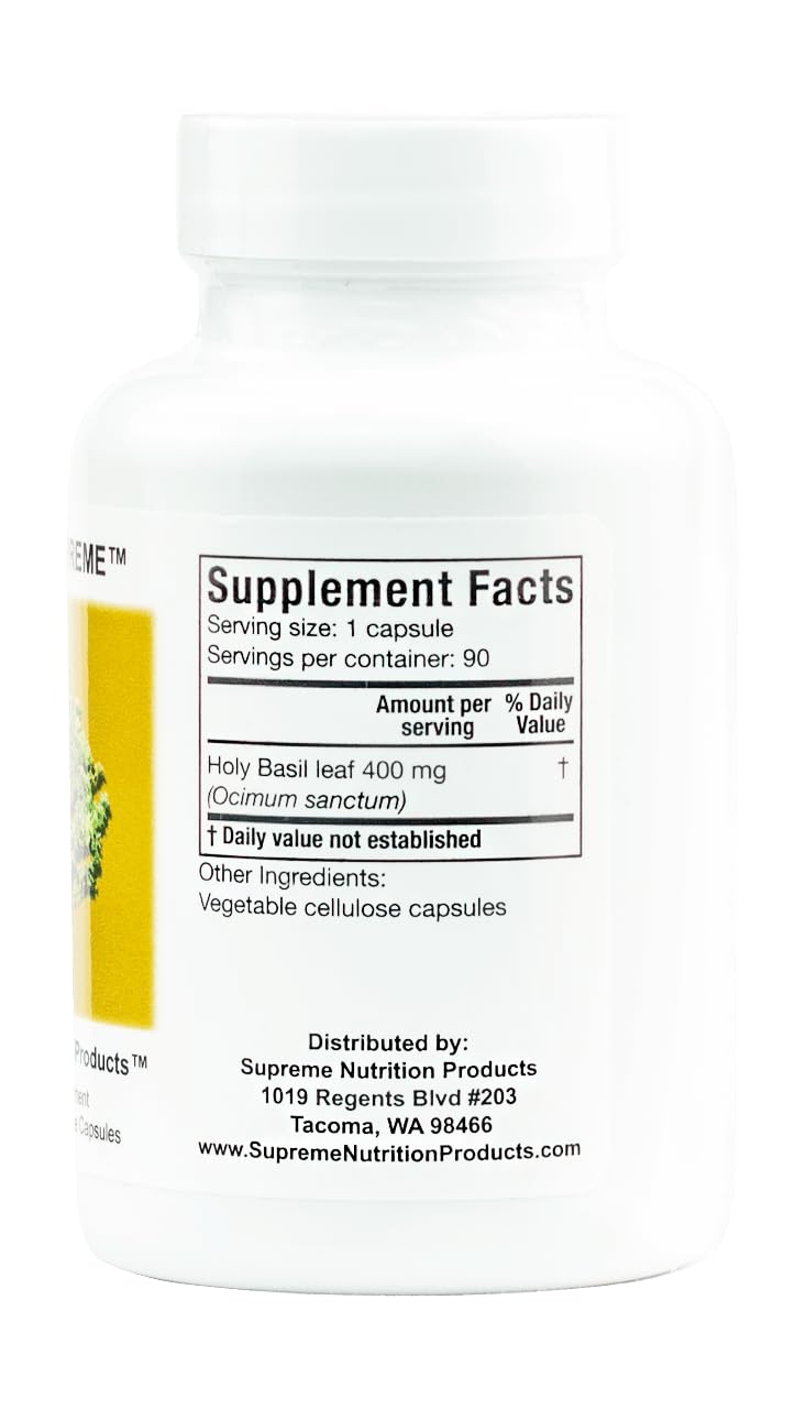 Close-up of Tulsi Supreme capsules showcasing pure holy basil formula for everyday use.