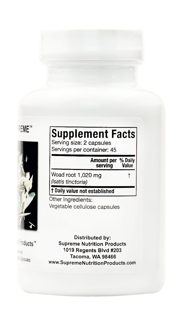 Woad Supreme bottle label shows cGMP and lab-tested quality from Supreme Nutrition