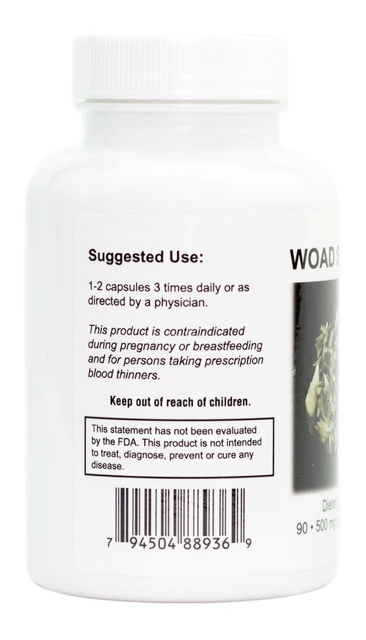 Supreme Nutrition Woad Supreme capsules closeup shows 100% pure Isatis root.