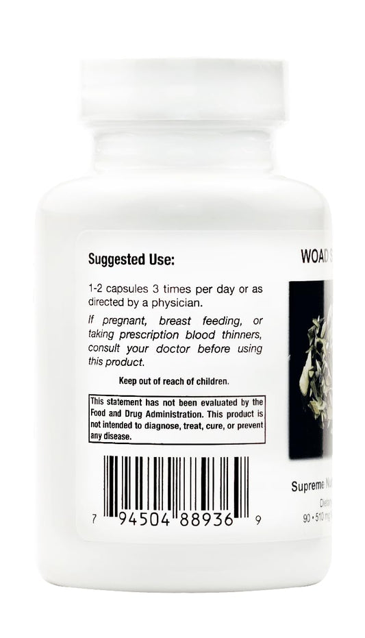 Closeup of Supreme Nutrition Woad Supreme capsules highlighting purity and filler-free formulation