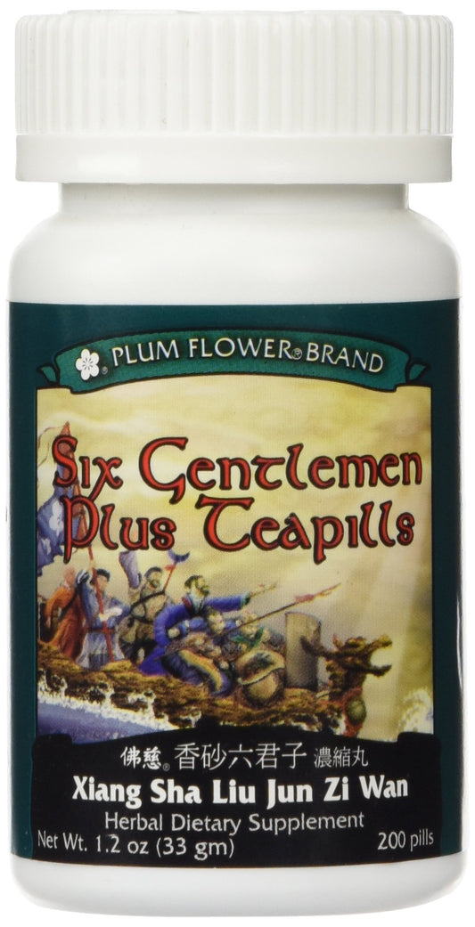 SUPTMAX Six Gentlemen Plus Teapills bottle suggests potential support for balanced energy and digestion.