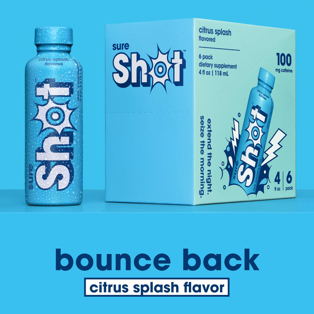 Sure Shot Citrus Splash label close-up highlighting vitamins and caffeine