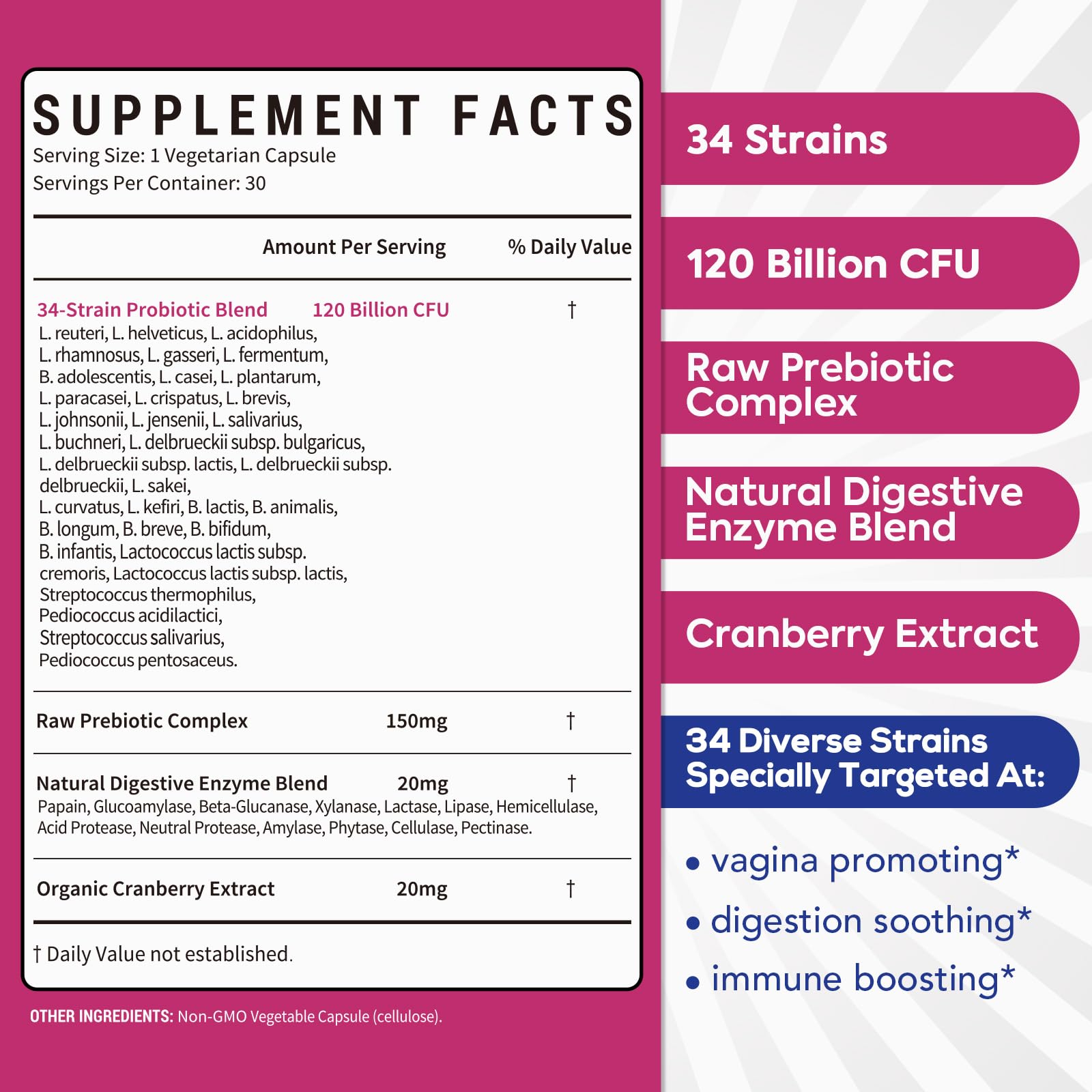 Surebounty Probiotics label highlights 34 strains and 120B CFU potency for daily use.
