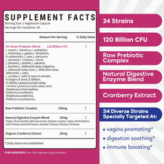 Surebounty Probiotics label highlights 34 strains and 120B CFU potency for daily use.