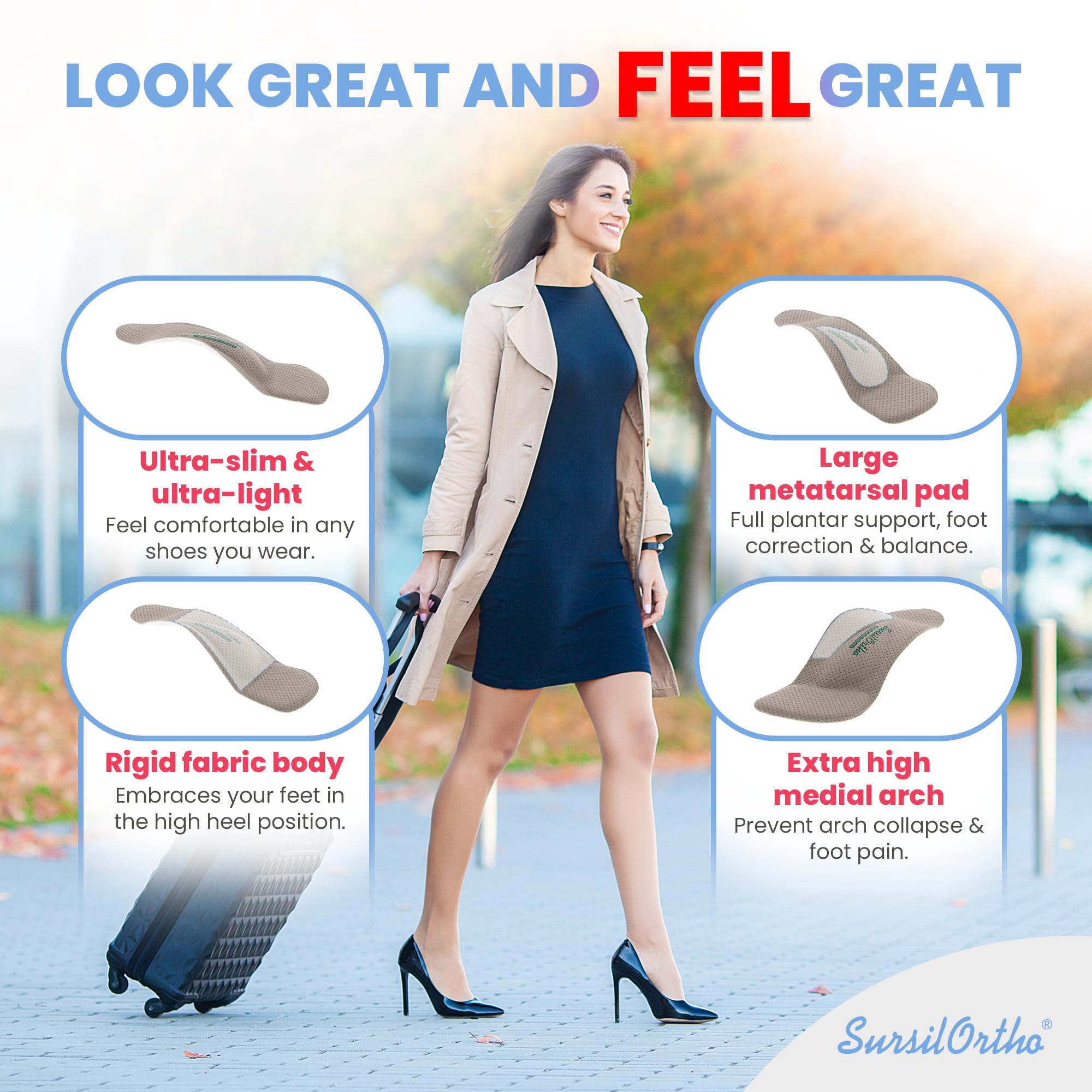 SursilOrtho medical-grade insert provides stable support across heel heights.