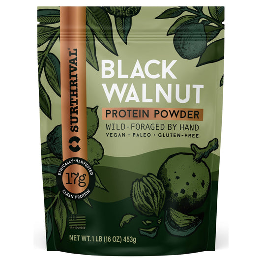 Surthrival Black Walnut Protein Powder packaging showcases a clean, eco-friendly design for natural protein.