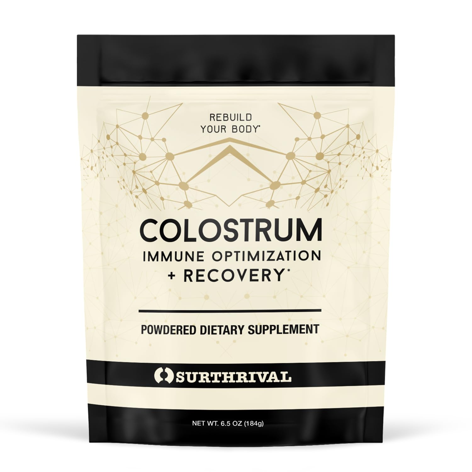 Surthrival Colostrum Powder bottle on shelf showing premium packaging and immune support potential.