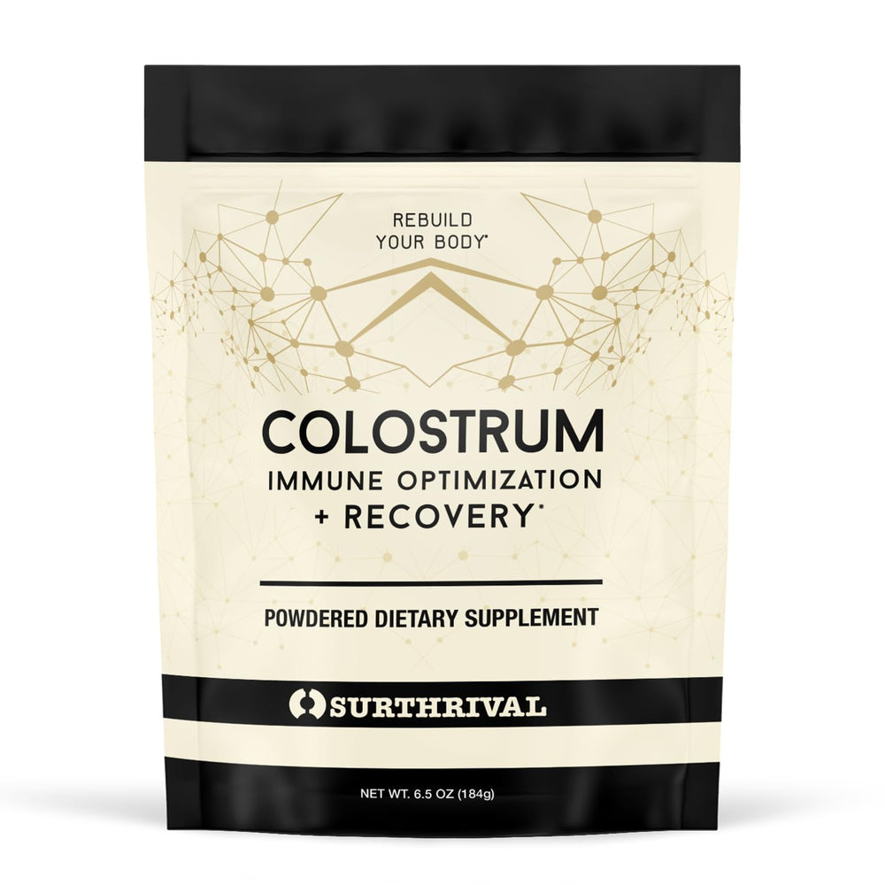 Surthrival Colostrum Powder bottle on shelf showing premium packaging and immune support potential.
