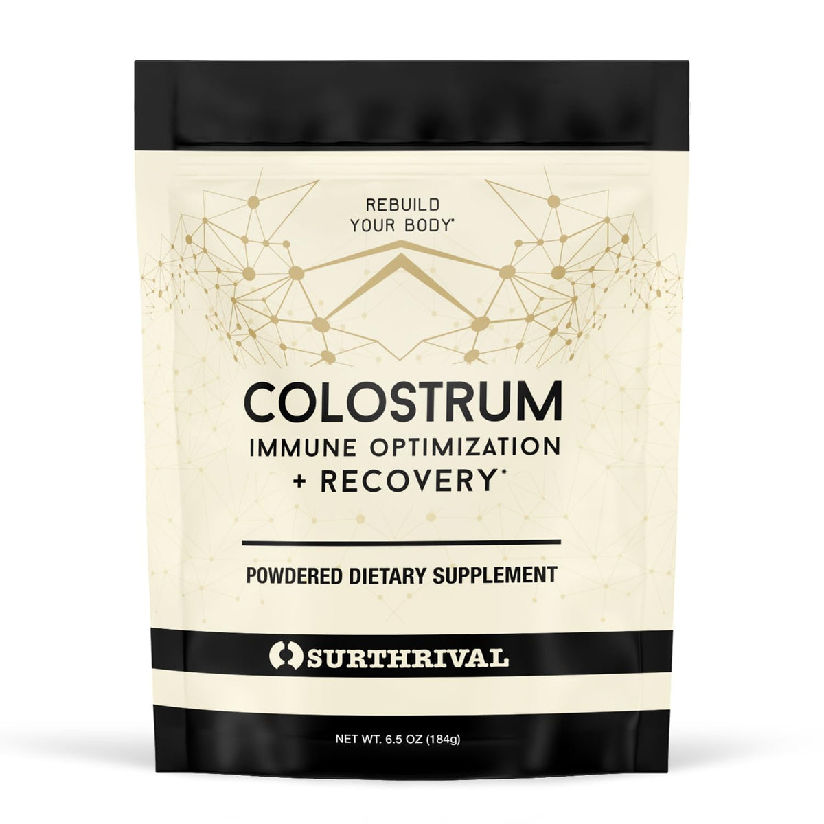 Surthrival Colostrum Powder bottle on shelf showing premium packaging and immune support potential.