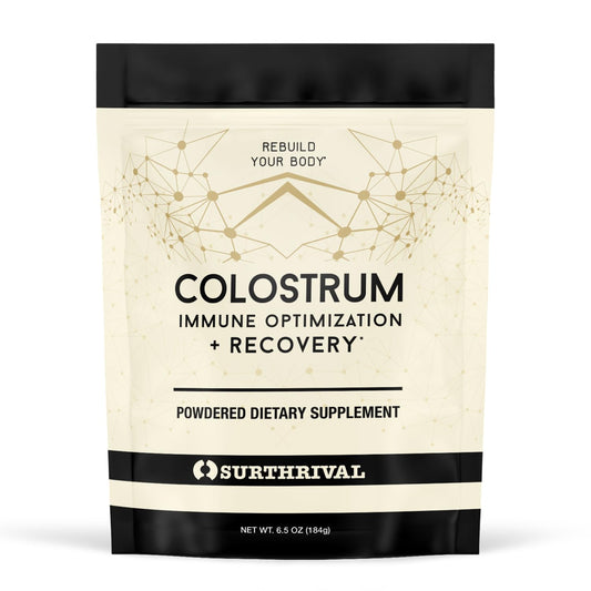 Surthrival Colostrum Powder bottle on shelf showing premium packaging and immune support potential.