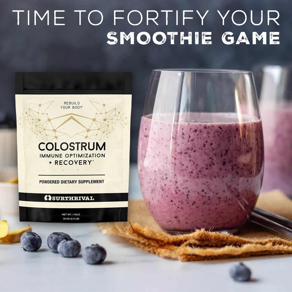 Packaging shot of Surthrival Colostrum Powder highlighting non-GMO and GMP notes.