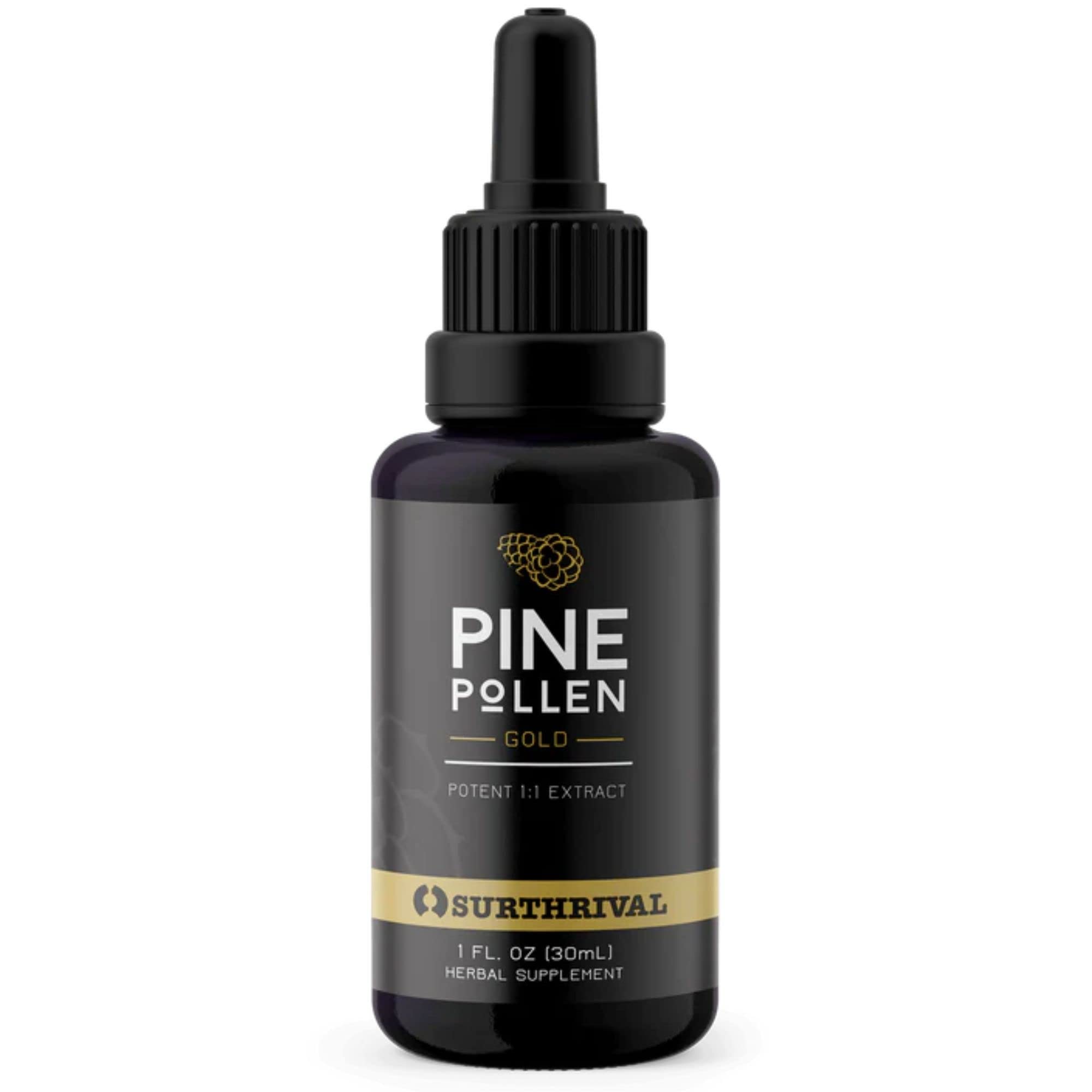 Surthrival Pine Pollen Gold Extract bottle showing potency and packaging