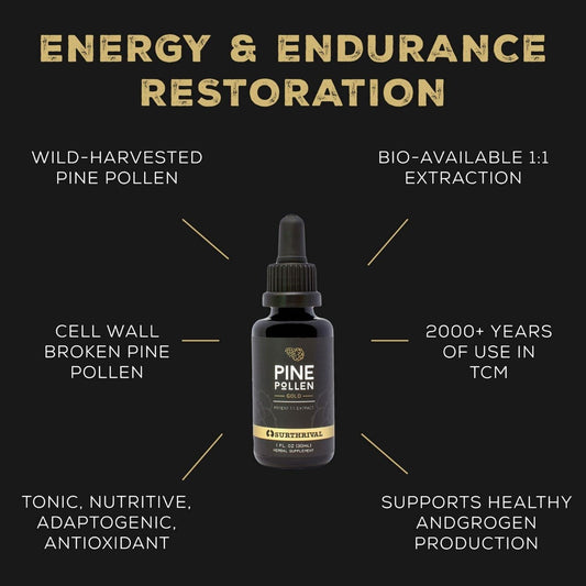 Surthrival Pine Pollen Gold label detail highlighting wild harvest