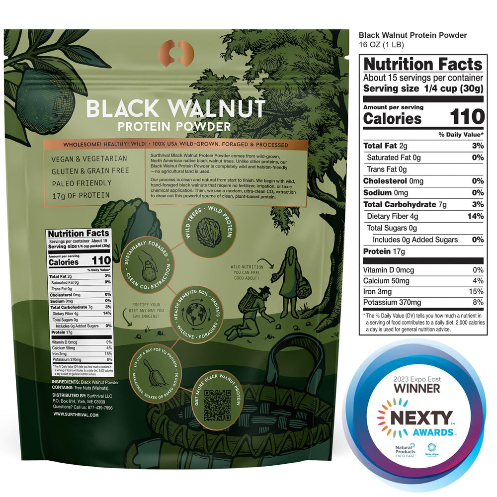 Surthrival bottle label highlights USA-sourced, wild-foraged protein suitable for vegan and paleo diets.