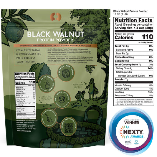 Surthrival bottle label highlights USA-sourced, wild-foraged protein suitable for vegan and paleo diets.