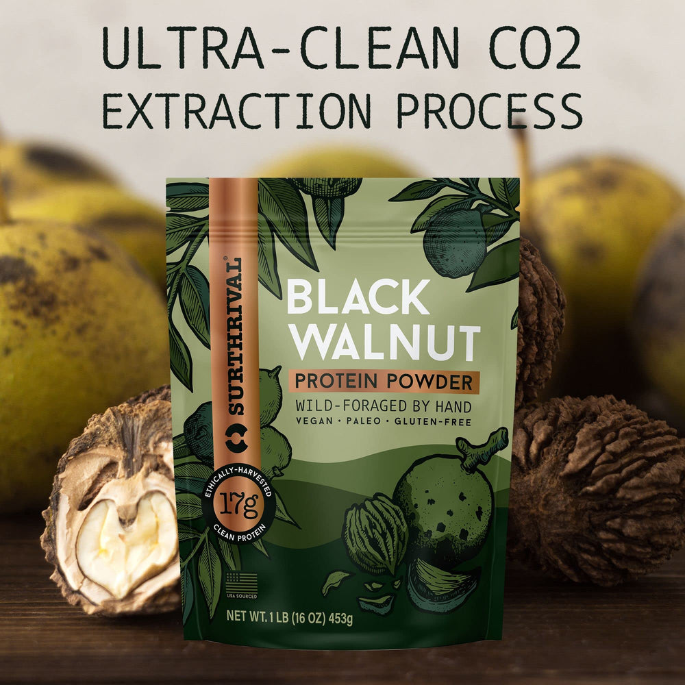 Surthrival vegan and gluten-free certification icons alongside a bowl of mixed ingredients.