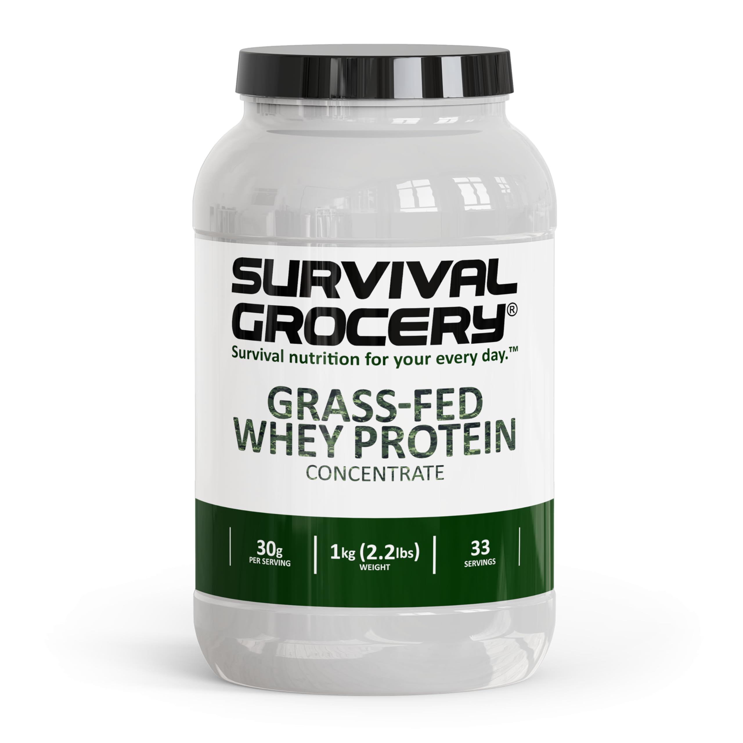 Survival Grocery Grass-Fed Whey Protein Concentrate container, unflavored protein for everyday shakes.